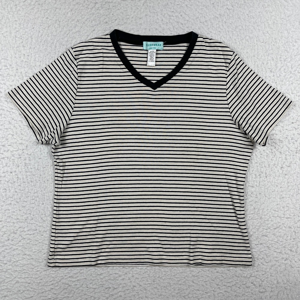 Silverwear Striped V-Neck T-Shirt Womens XL Black White Tan Cotton Casual Top